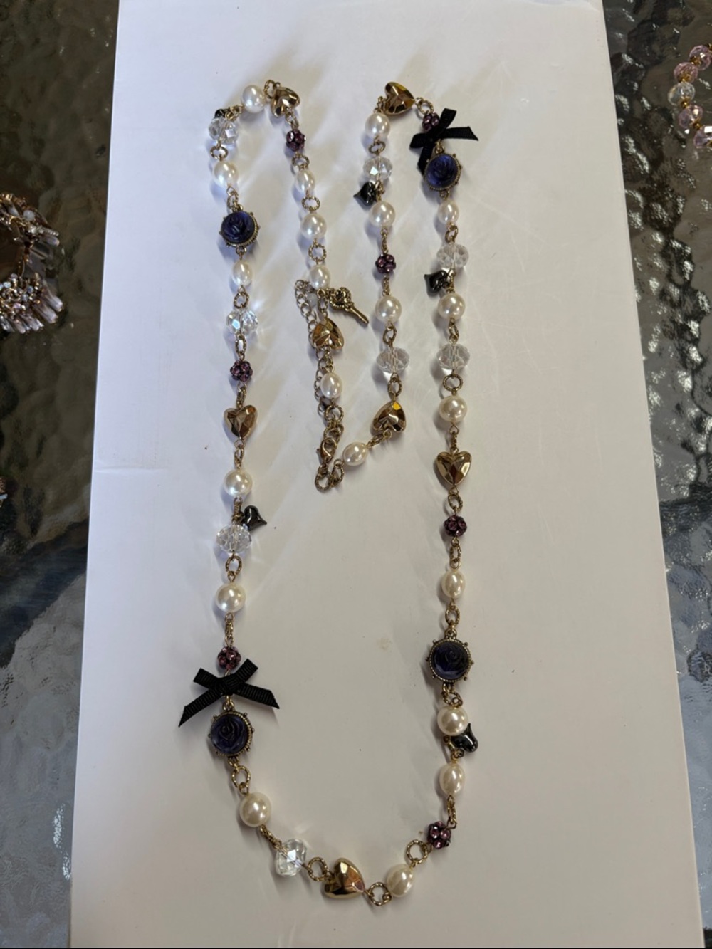 Betsey Johnson Pearl Necklace with Purple Roses and Gold Hearts